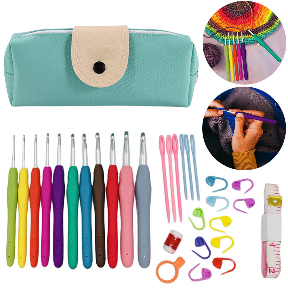 Premium Aluminum Crochet Hooks Kit with Storage Bag, Soft Ergonomic Handle Yarn Weaving Needles Set for Sewing, Knitting