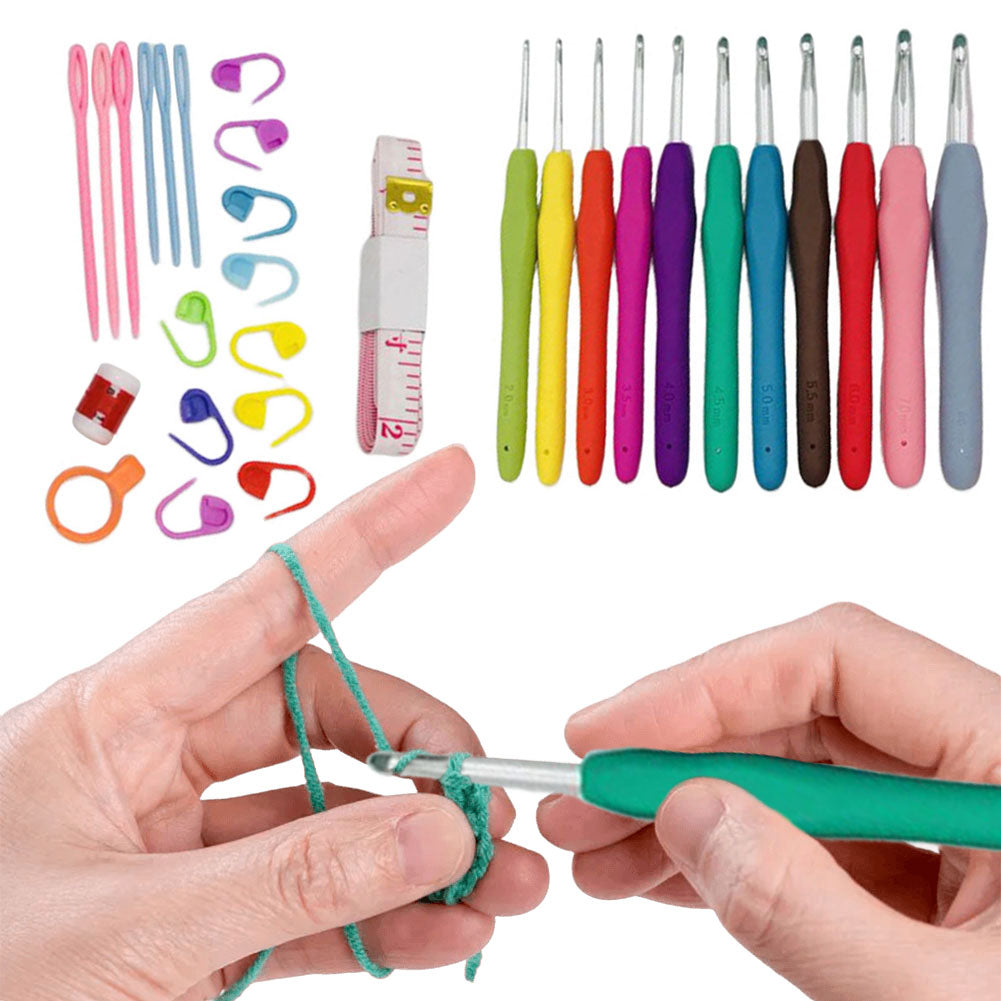 Premium Aluminum Crochet Hooks Kit with Storage Bag, Soft Ergonomic Handle Yarn Weaving Needles Set for Sewing, Knitting
