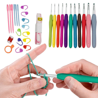 Premium Aluminum Crochet Hooks Kit with Storage Bag, Soft Ergonomic Handle Yarn Weaving Needles Set for Sewing, Knitting