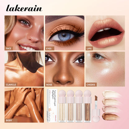 4Color Face Liquid Highlighter Bronzer, Contouring Highlight Fluid Makeup, Shimmer Shine Glow for Cheeks and Nose
