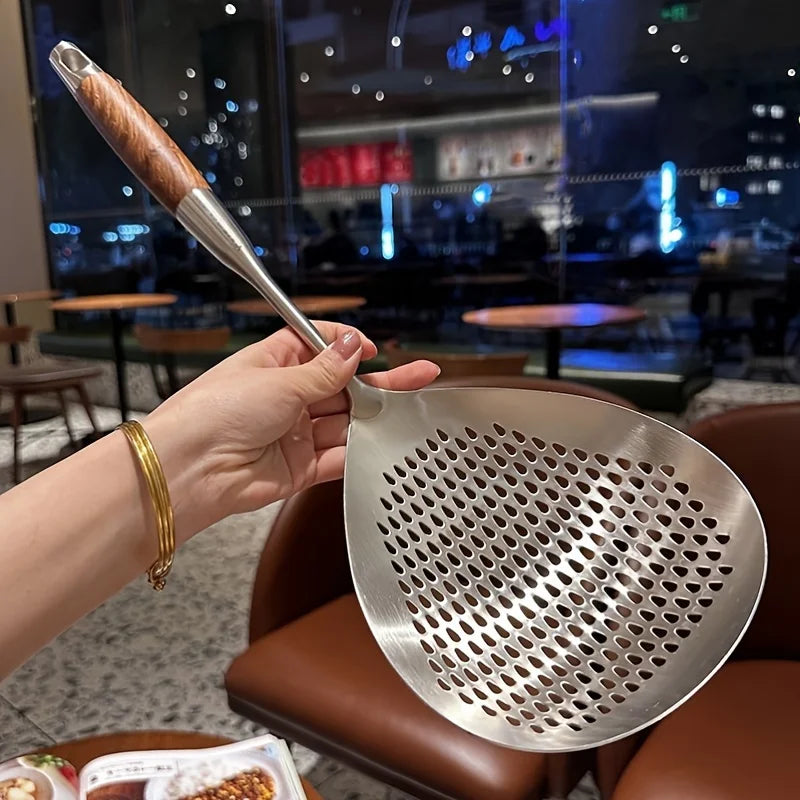 Stainless Steel Strainer with Wood Handle Multi Use Kitchen Sieve & Scoop Spoon