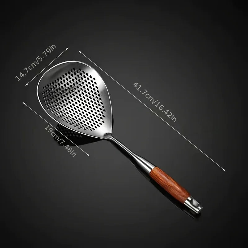 Stainless Steel Strainer with Wood Handle Multi Use Kitchen Sieve & Scoop Spoon