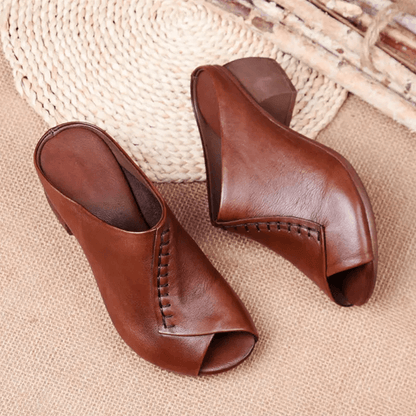 Soft Leather Mid Heel Sandals for Women Comfortable Slip On Summer Shoes