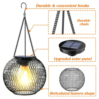 3000k Solar Lantern LED Light Garden Lamps, Durable Chain, Waterproof Metal Hollow Outdoor Daylight Sensor Lights