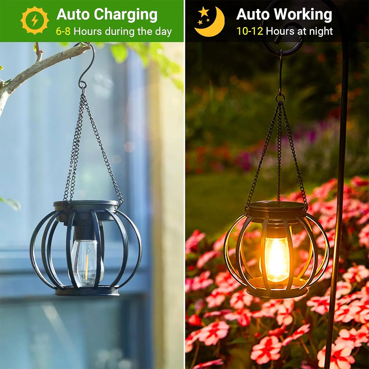 3000k Solar Lantern LED Light Garden Lamps, Durable Chain, Waterproof Metal Hollow Outdoor Daylight Sensor Lights