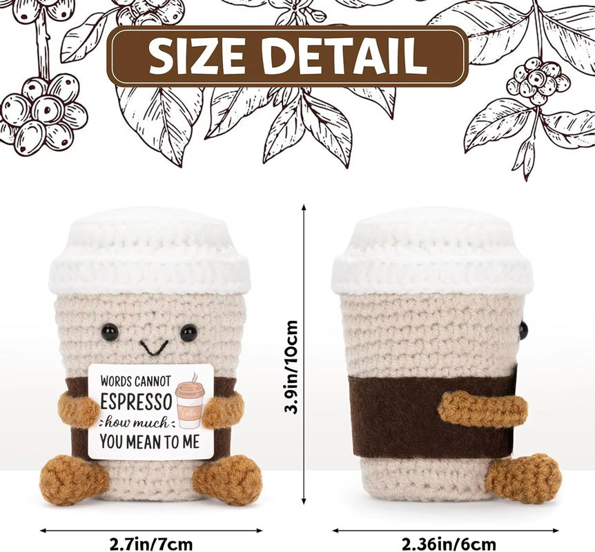 Funny Crochet Positive Coffee Emotional Support Gift, Handmade Cute Crochet Ornament with Cheer Up Card for Best Friend