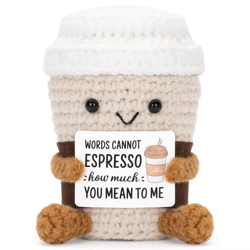 Funny Crochet Positive Coffee Emotional Support Gift, Handmade Cute Crochet Ornament with Cheer Up Card for Best Friend