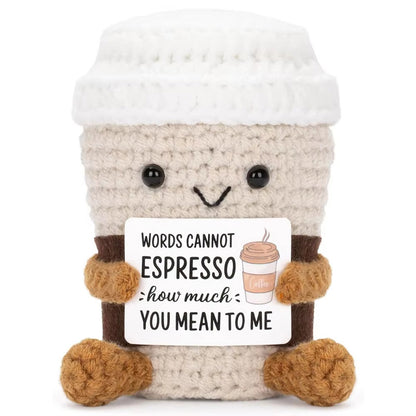 Funny Crochet Positive Coffee Emotional Support Gift, Handmade Cute Crochet Ornament with Cheer Up Card for Best Friend