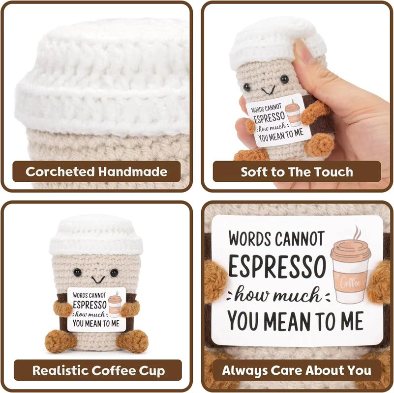 Funny Crochet Positive Coffee Emotional Support Gift, Handmade Cute Crochet Ornament with Cheer Up Card for Best Friend