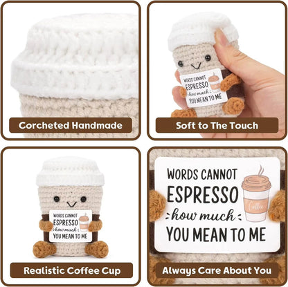Funny Crochet Positive Coffee Emotional Support Gift, Handmade Cute Crochet Ornament with Cheer Up Card for Best Friend