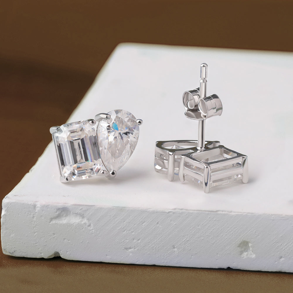 Emerald & Pear Cut Moissanite Diamond Earrings for Women, Sterling Silver Two Stone Stud Earrings