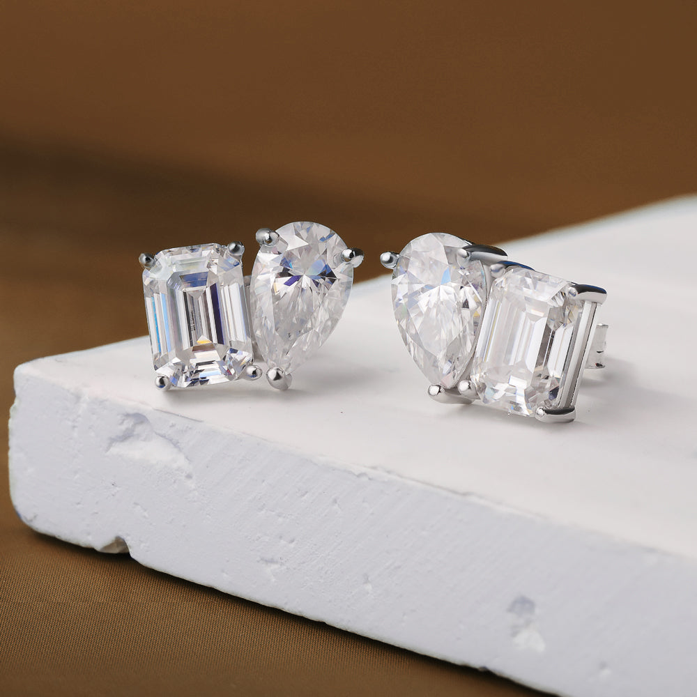 Emerald & Pear Cut Moissanite Diamond Earrings for Women, Sterling Silver Two Stone Stud Earrings