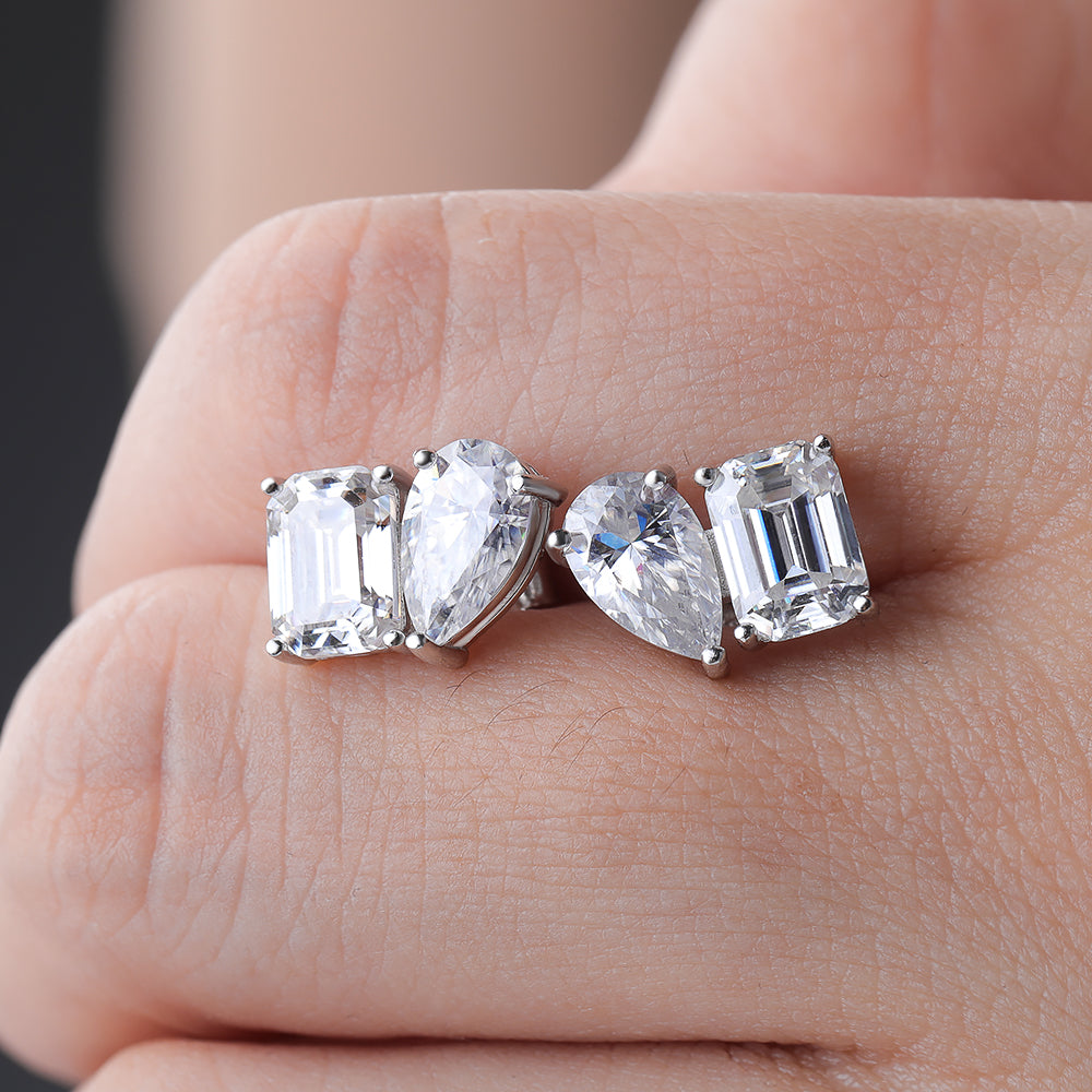 Emerald & Pear Cut Moissanite Diamond Earrings for Women, Sterling Silver Two Stone Stud Earrings