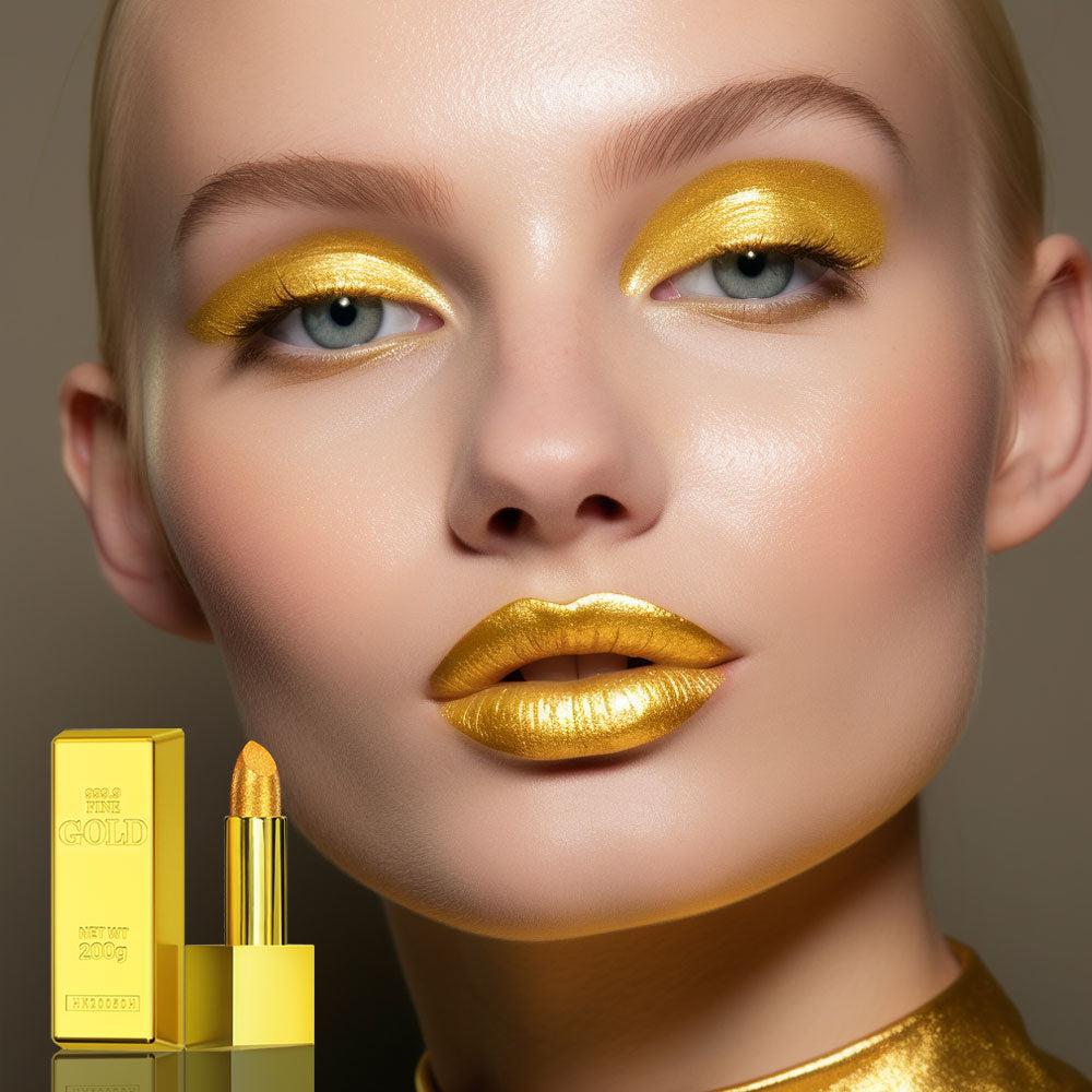 Shimmer Gold Lipstick, Metallic Glitter Sexy Lipstick, Long Lasting & Waterproof, Luxurious Gold Brick Tube Design