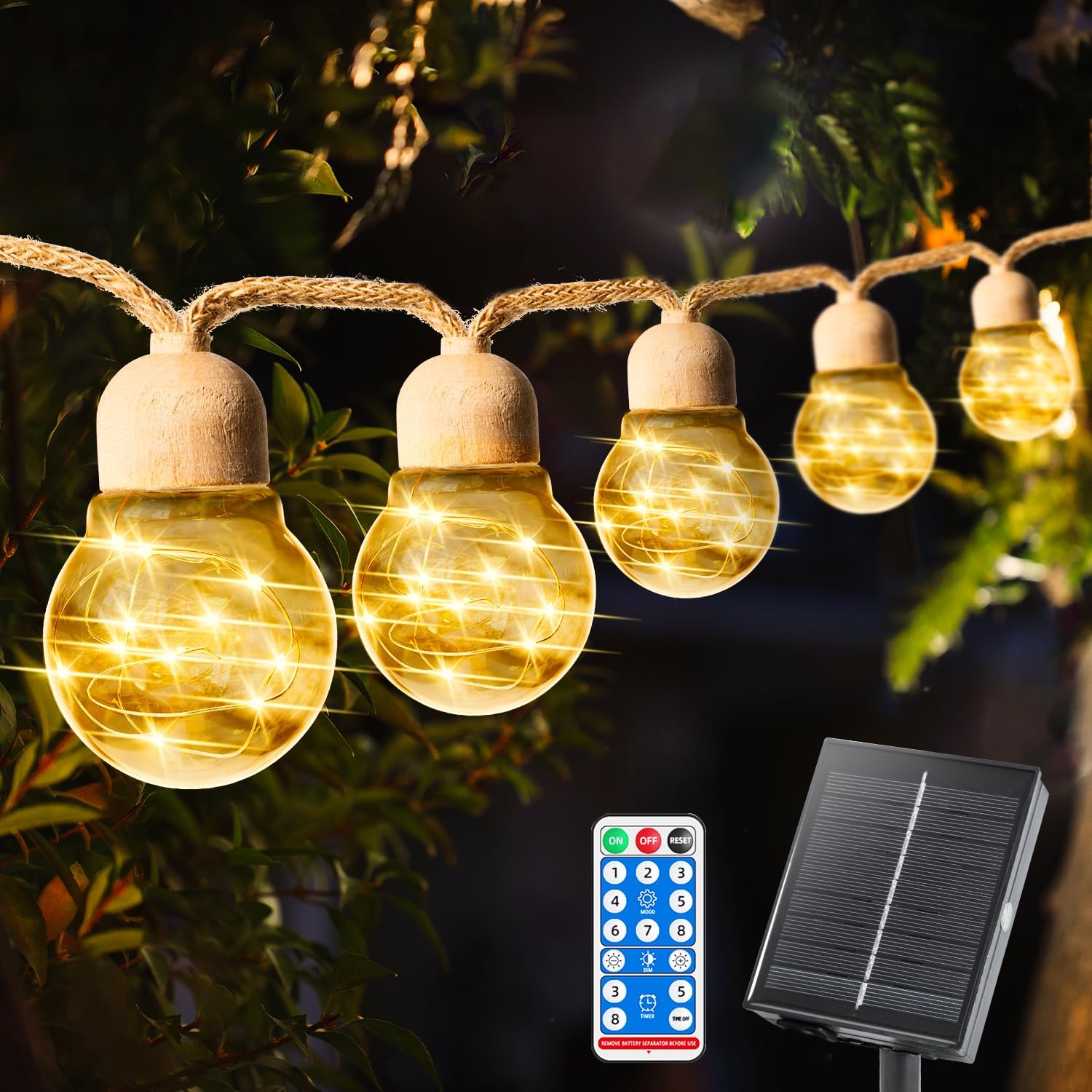 Solar Outdoor String Lights, 20bulbs Rope Hemp Patio Lights, Warm White Waterproof Solar Garden Decor Lighting