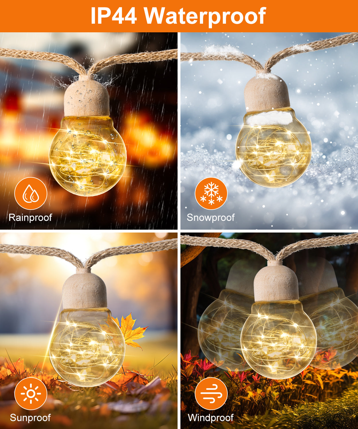 Solar Outdoor String Lights, 20bulbs Rope Hemp Patio Lights, Warm White Waterproof Solar Garden Decor Lighting