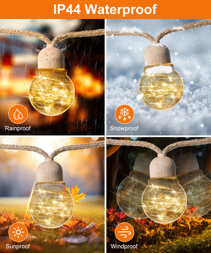 Solar Outdoor String Lights, 20bulbs Rope Hemp Patio Lights, Warm White Waterproof Solar Garden Decor Lighting
