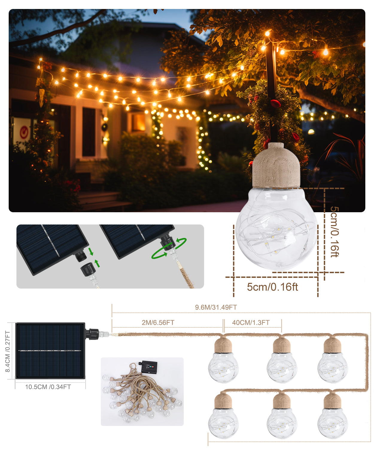 Solar Outdoor String Lights, 20bulbs Rope Hemp Patio Lights, Warm White Waterproof Solar Garden Decor Lighting