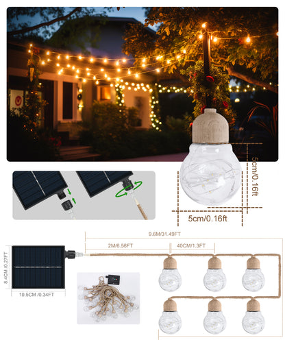 Solar Outdoor String Lights, 20bulbs Rope Hemp Patio Lights, Warm White Waterproof Solar Garden Decor Lighting