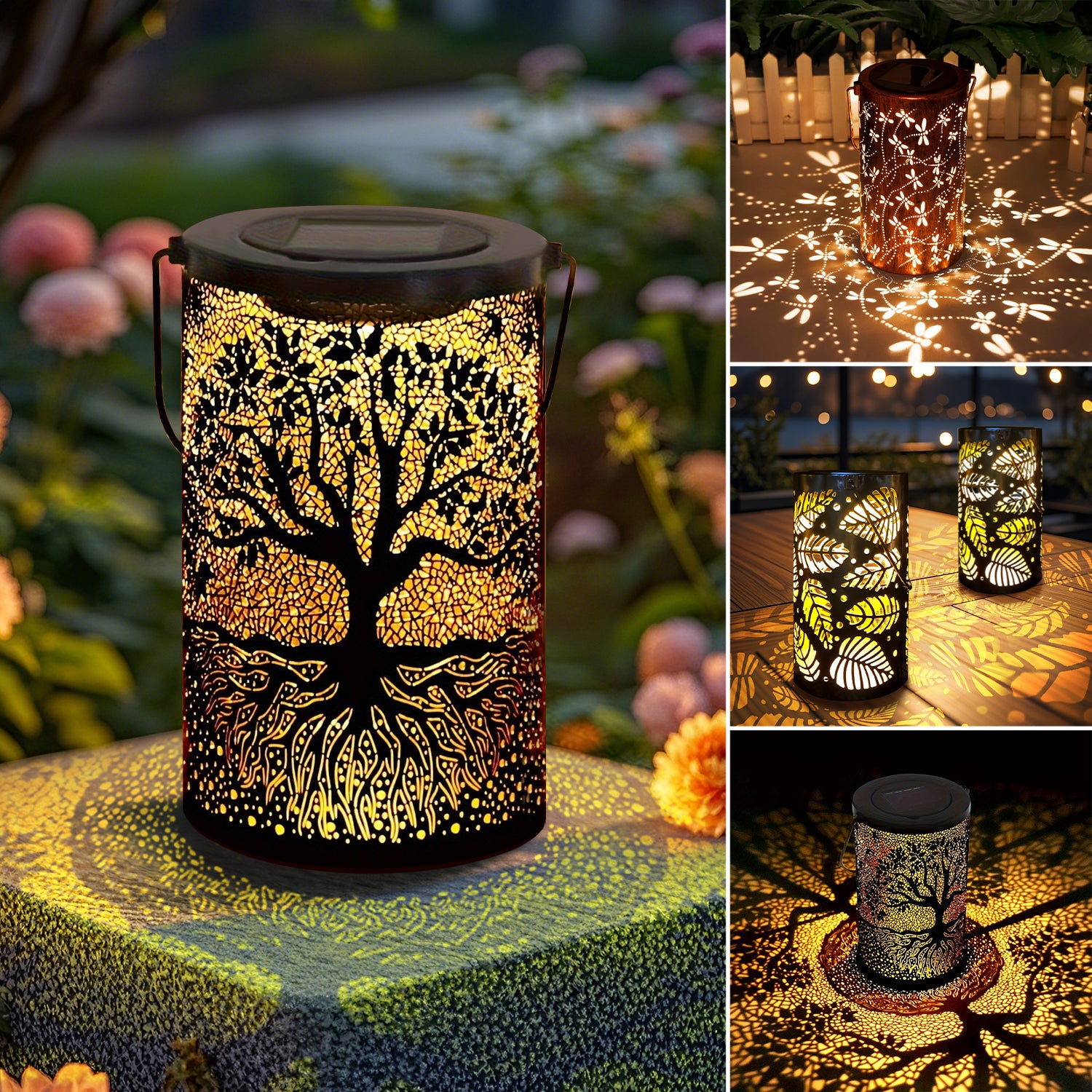 Solar Powered Iron Lantern Outdoor Light, Hollow Metal Design for Gardens, Patios, Parties and Holiday Gift Decoration