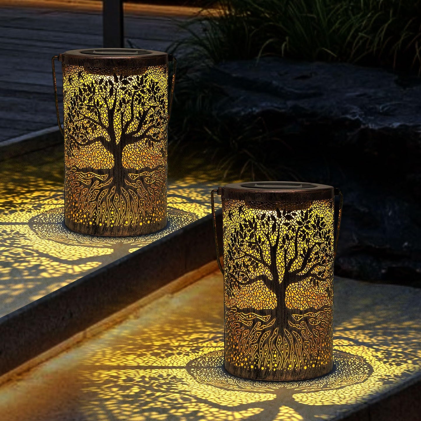 Solar Powered Iron Lantern Outdoor Light, Hollow Metal Design for Gardens, Patios, Parties and Holiday Gift Decoration