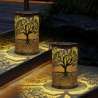 Solar Powered Iron Lantern Outdoor Light, Hollow Metal Design for Gardens, Patios, Parties and Holiday Gift Decoration