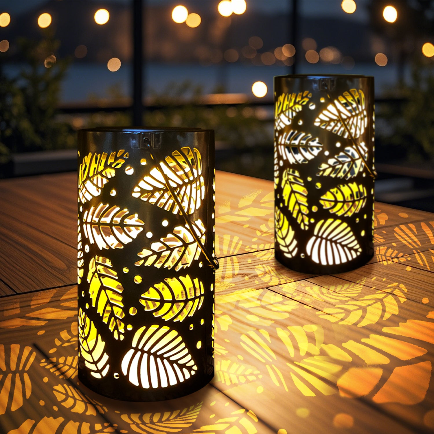 Solar Powered Iron Lantern Outdoor Light, Hollow Metal Design for Gardens, Patios, Parties and Holiday Gift Decoration