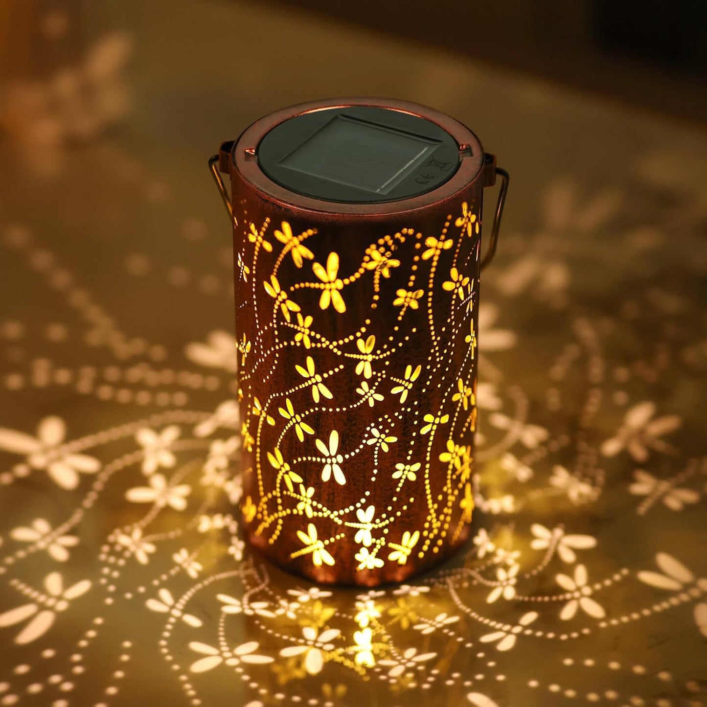 Solar Powered Iron Lantern Outdoor Light, Hollow Metal Design for Gardens, Patios, Parties and Holiday Gift Decoration