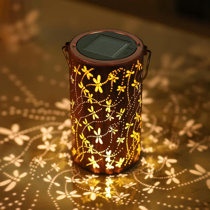 Solar Powered Iron Lantern Outdoor Light, Hollow Metal Design for Gardens, Patios, Parties and Holiday Gift Decoration