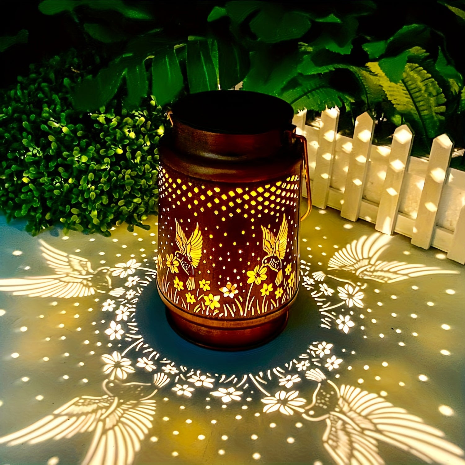 Solar Powered Iron Lantern Outdoor Light, Hollow Metal Design for Gardens, Patios, Parties and Holiday Gift Decoration