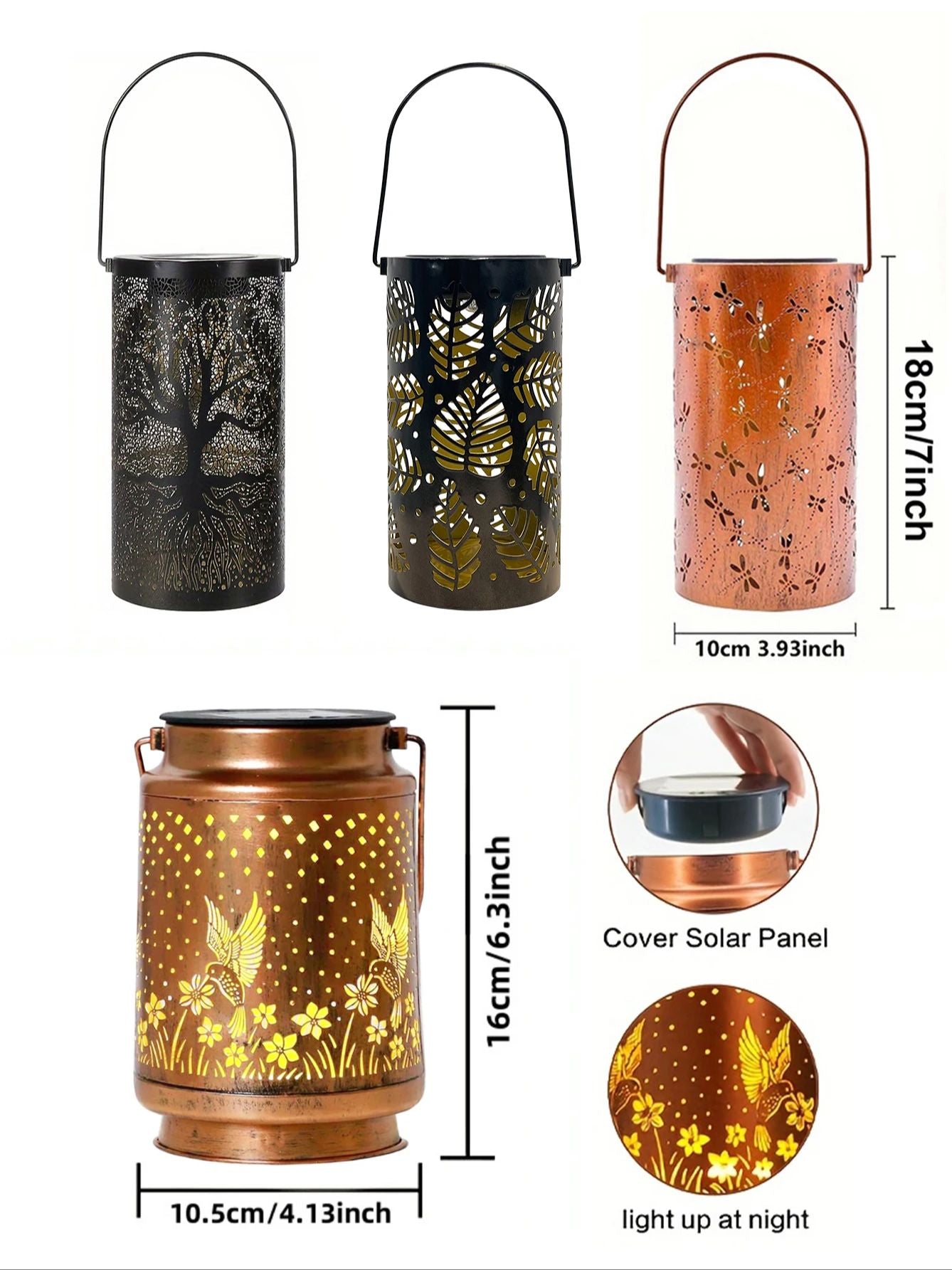 Solar Powered Iron Lantern Outdoor Light, Hollow Metal Design for Gardens, Patios, Parties and Holiday Gift Decoration