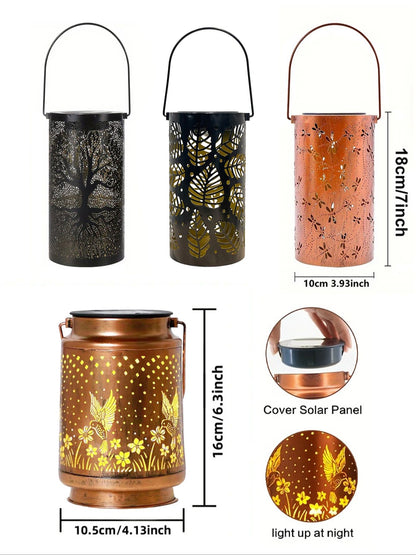 Solar Powered Iron Lantern Outdoor Light, Hollow Metal Design for Gardens, Patios, Parties and Holiday Gift Decoration