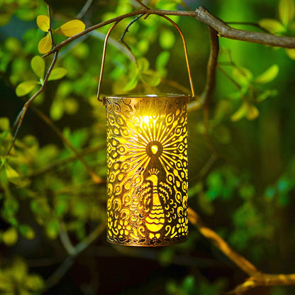 Solar Powered Iron Lantern Outdoor Light, Hollow Metal Design for Gardens, Patios, Parties and Holiday Gift Decoration