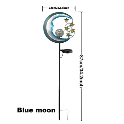 Blue Moon and Stars Solar Garden Light, Celestial Pathway Lamp, Warm White LED, Auto Dusk to Dawn IP65