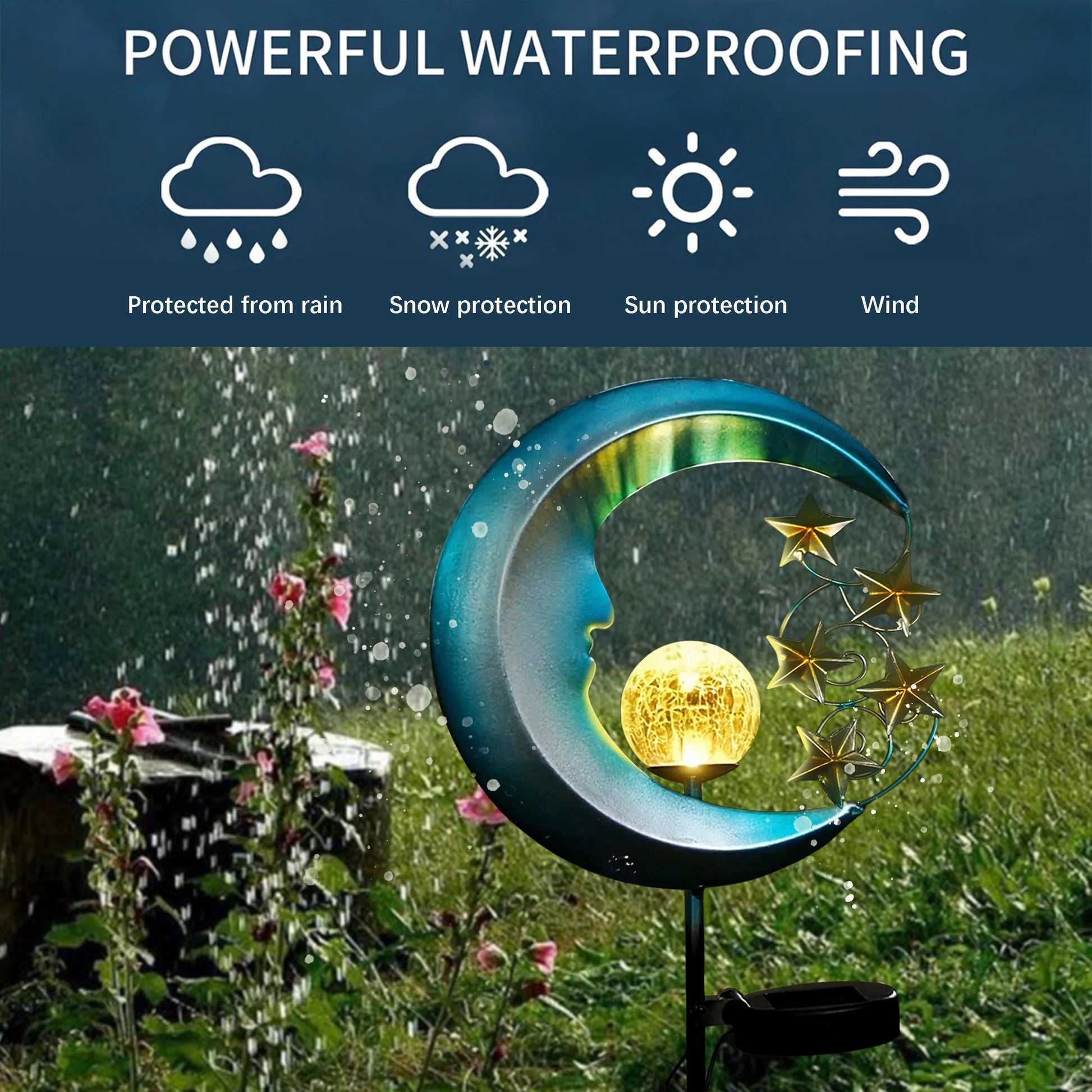 Blue Moon and Stars Solar Garden Light, Celestial Pathway Lamp, Warm White LED, Auto Dusk to Dawn IP65