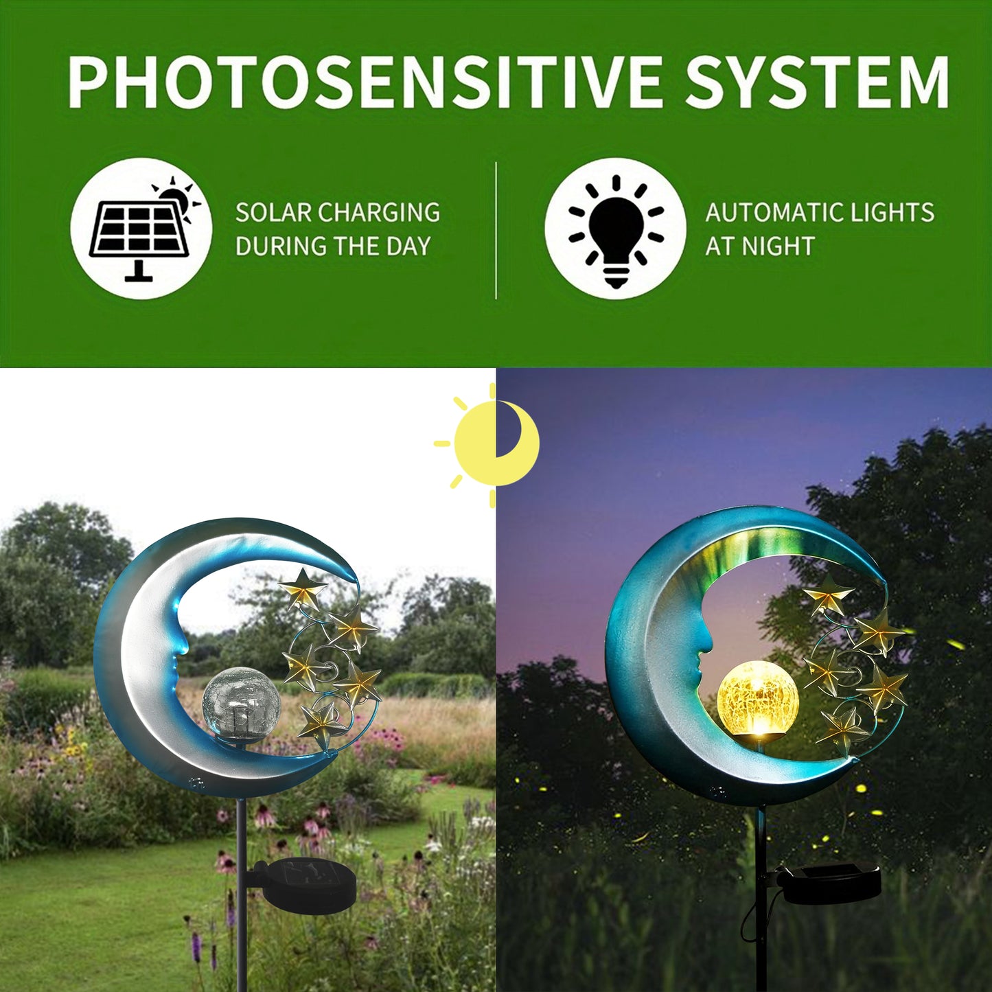 Blue Moon and Stars Solar Garden Light, Celestial Pathway Lamp, Warm White LED, Auto Dusk to Dawn IP65