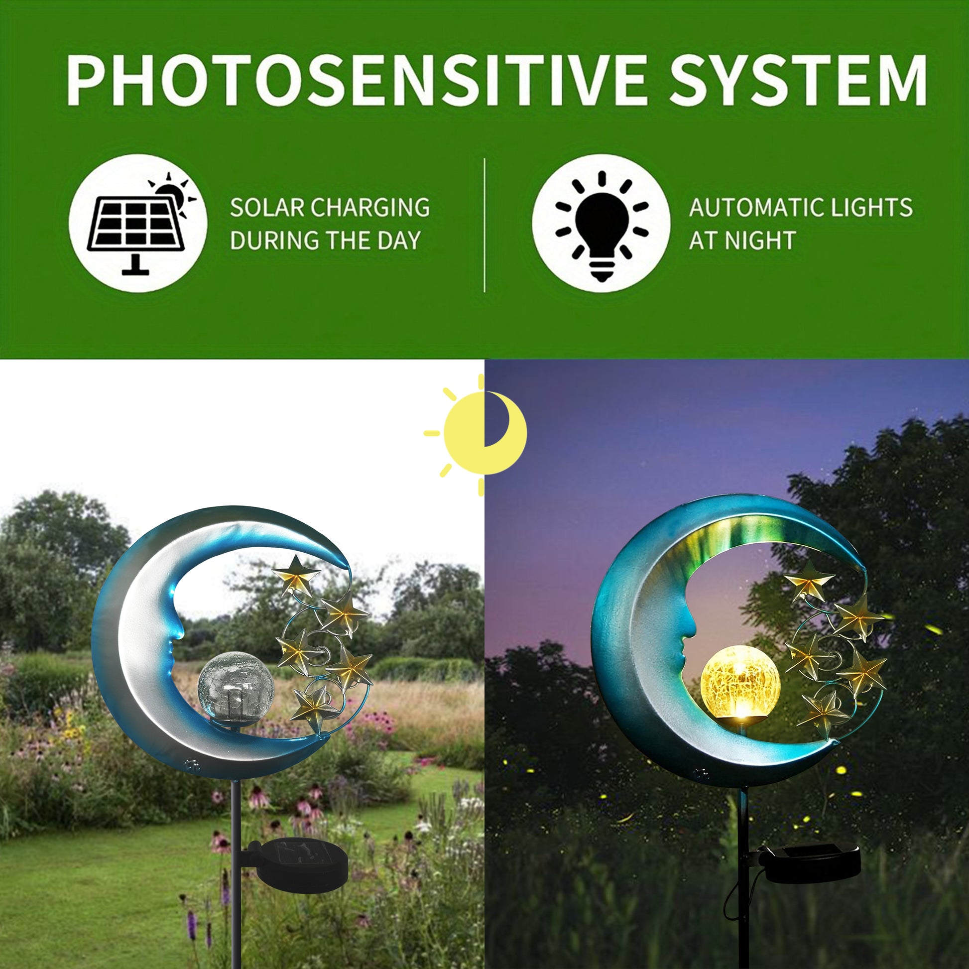 Blue Moon and Stars Solar Garden Light, Celestial Pathway Lamp, Warm White LED, Auto Dusk to Dawn IP65