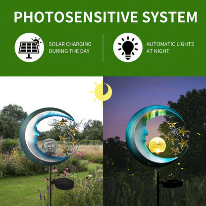 Blue Moon and Stars Solar Garden Light, Celestial Pathway Lamp, Warm White LED, Auto Dusk to Dawn IP65