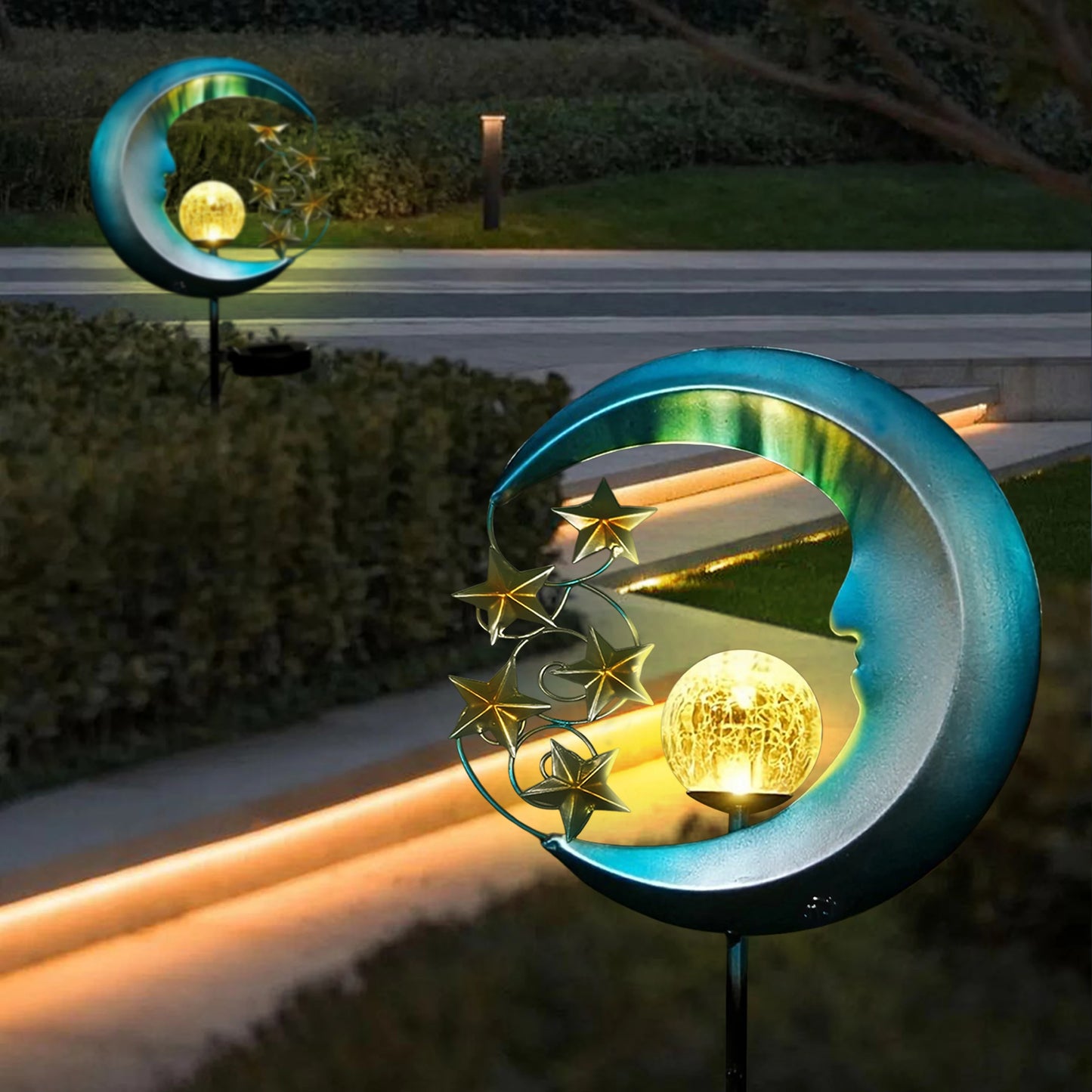 Blue Moon and Stars Solar Garden Light, Celestial Pathway Lamp, Warm White LED, Auto Dusk to Dawn IP65