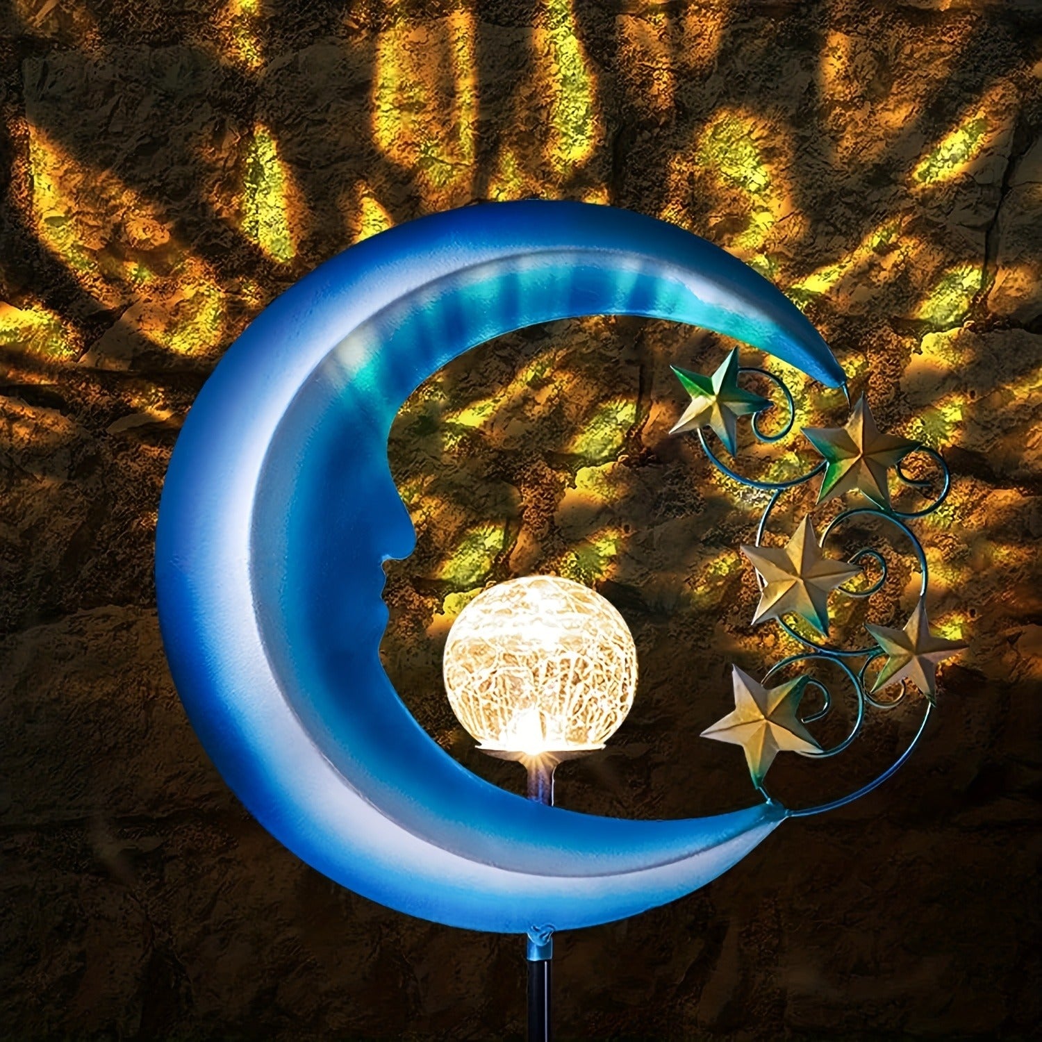 Blue Moon and Stars Solar Garden Light, Celestial Pathway Lamp, Warm White LED, Auto Dusk to Dawn IP65