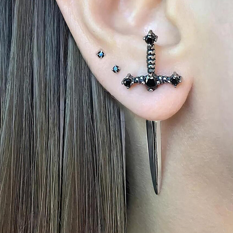 Hip Hop Cross Sword Stud Earrings for Women, Classic Black Crystal Stone Silver Ox Gold & Black Color Simple Jewelry