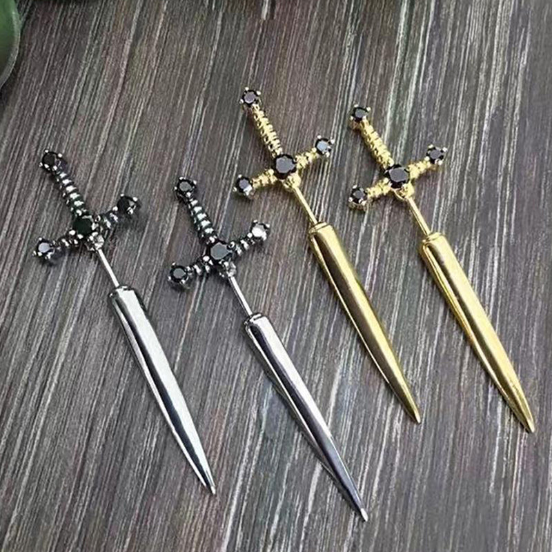 Hip Hop Cross Sword Stud Earrings for Women, Classic Black Crystal Stone Silver Ox Gold & Black Color Simple Jewelry
