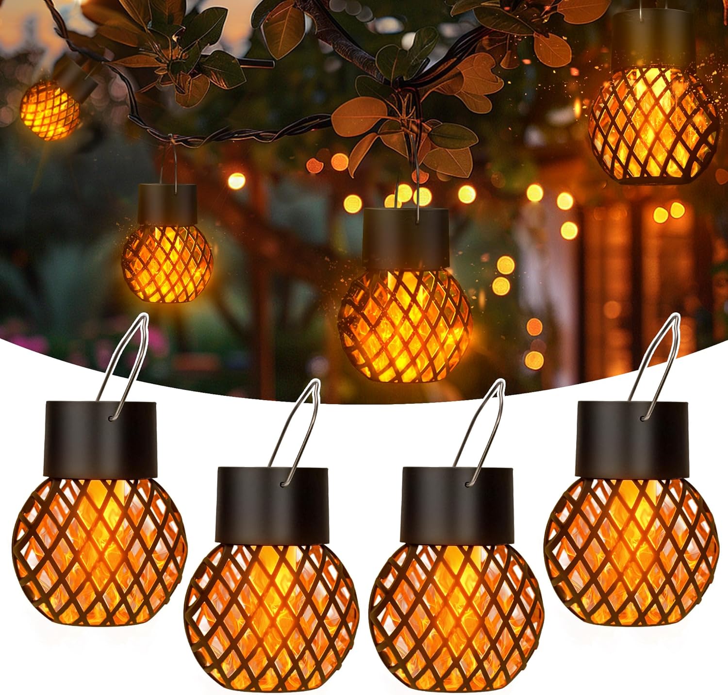 Waterproof Solar LED Hanging Lantern with Flame Effect, Garden Decoration Lamp, Fairy Light for Outdoor Patio Yard