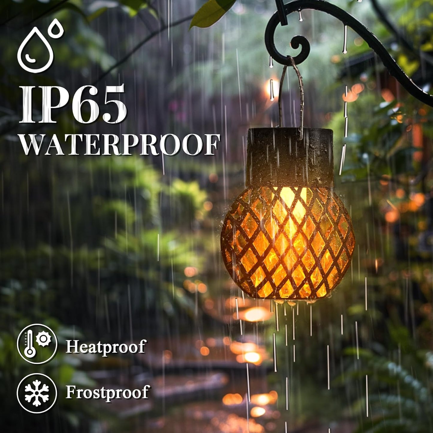 Waterproof Solar LED Hanging Lantern with Flame Effect, Garden Decoration Lamp, Fairy Light for Outdoor Patio Yard