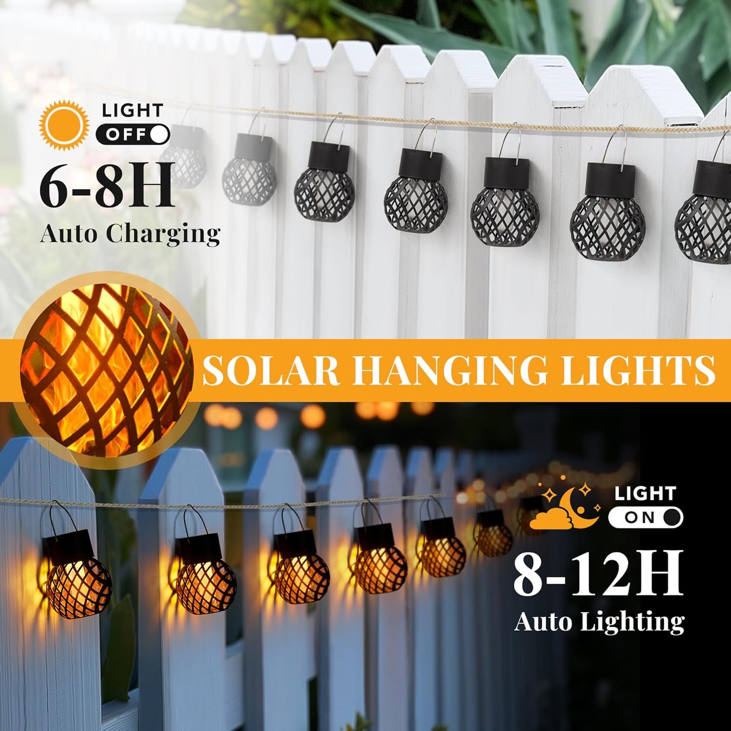 Waterproof Solar LED Hanging Lantern with Flame Effect, Garden Decoration Lamp, Fairy Light for Outdoor Patio Yard