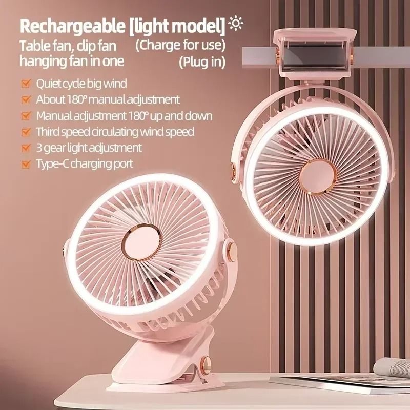 Rechargeable Camping Fan With LED Light And Clip For Portable Cooling 9