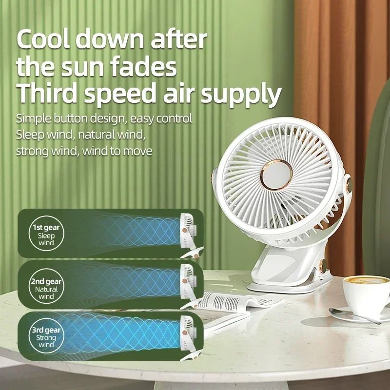 Rechargeable Camping Fan With LED Light And Clip For Portable Cooling 5