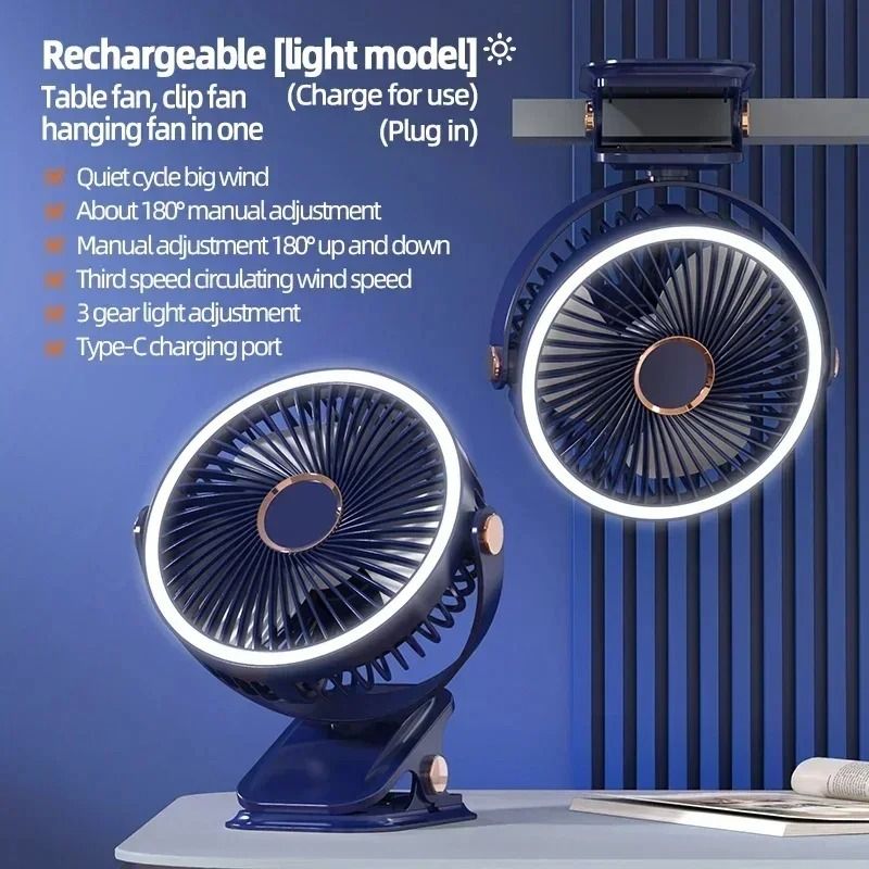 Rechargeable Camping Fan With LED Light And Clip For Portable Cooling 7