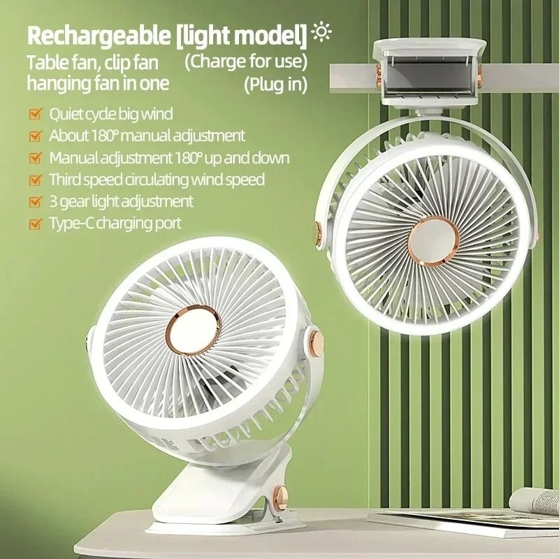 Rechargeable Camping Fan With LED Light And Clip For Portable Cooling 8