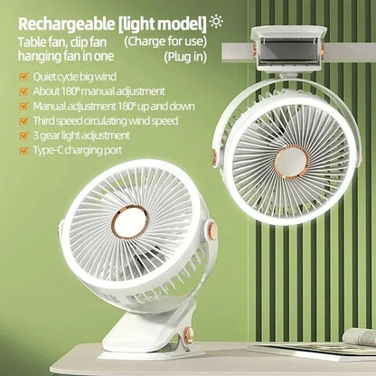 Rechargeable Camping Fan With LED Light And Clip For Portable Cooling 8